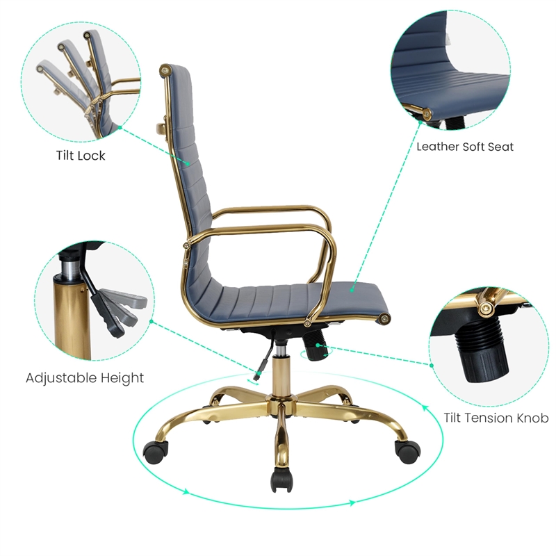 Maklaine High-Back Leather Office Chair With Gold Frame in Navy Blue