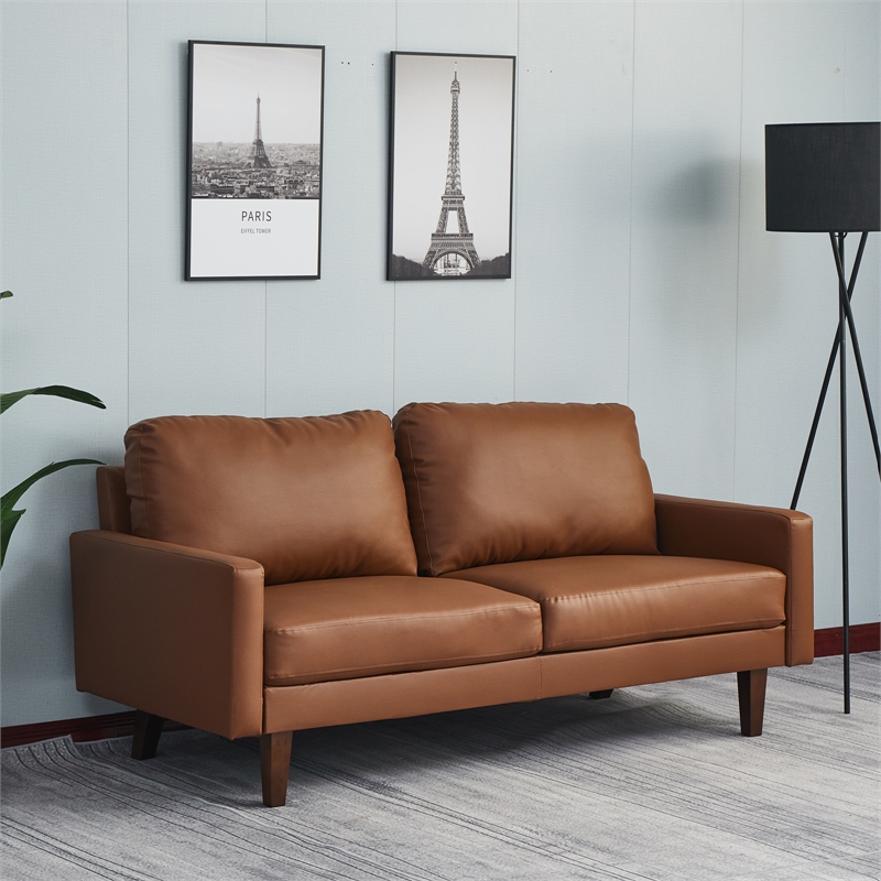 Maklaine Faux Leather Sofa Mid-Century Modern Couch for Living Room/Office-Brown
