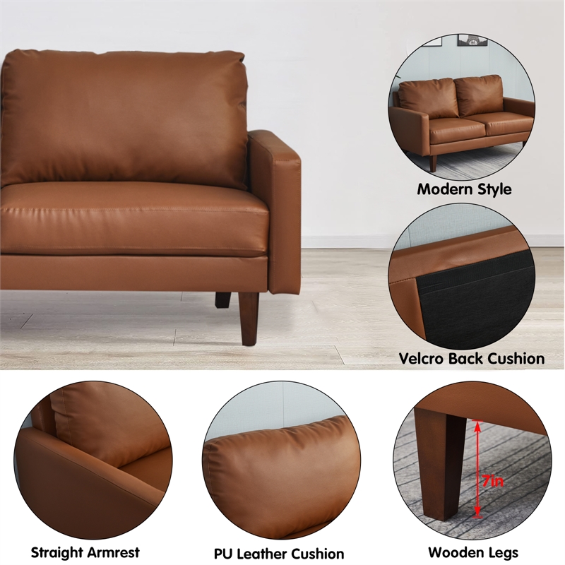 Maklaine Faux Leather Sofa Mid-Century Modern Couch for Living Room/Office-Brown