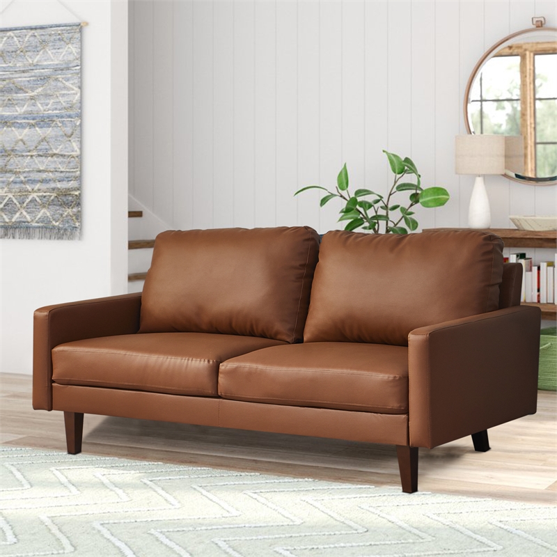 Maklaine Faux Leather Sofa Mid-Century Modern Couch for Living Room/Office-Brown
