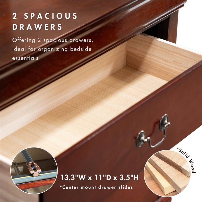 Maklaine Transitional Wood 2-Drawer Nightstand in Cherry (Set of 2)