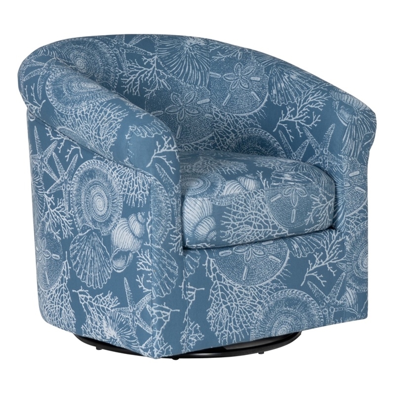 Maklaine Fully Upholstered Coastal Swivel Club Chair in Blue Seashell Pattern