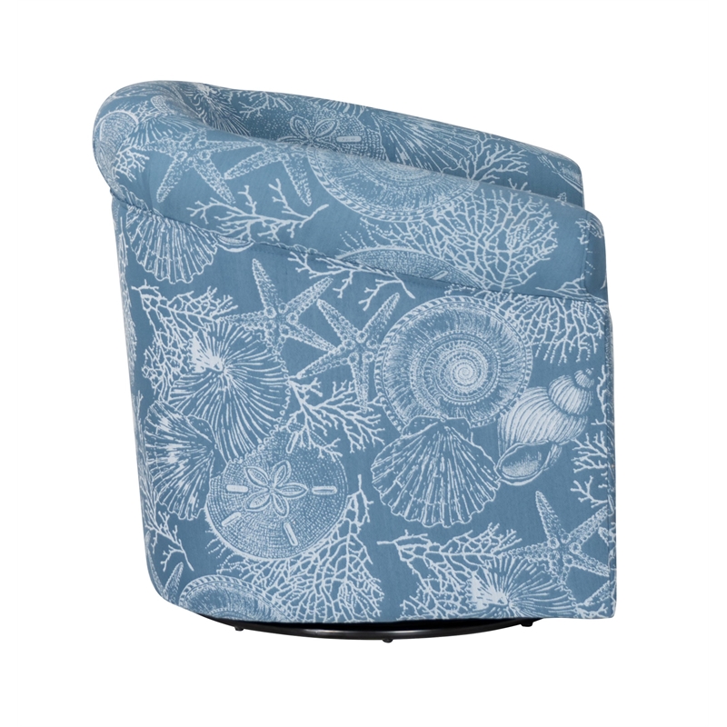 Maklaine Fully Upholstered Coastal Swivel Club Chair in Blue Seashell Pattern