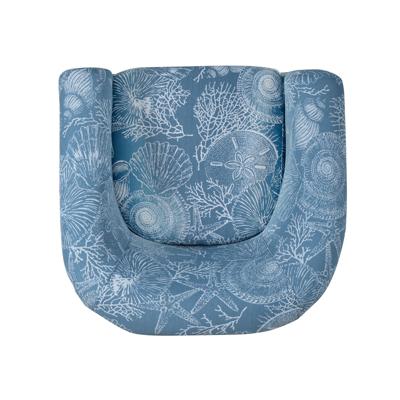 Maklaine Fully Upholstered Coastal Swivel Club Chair in Blue Seashell Pattern