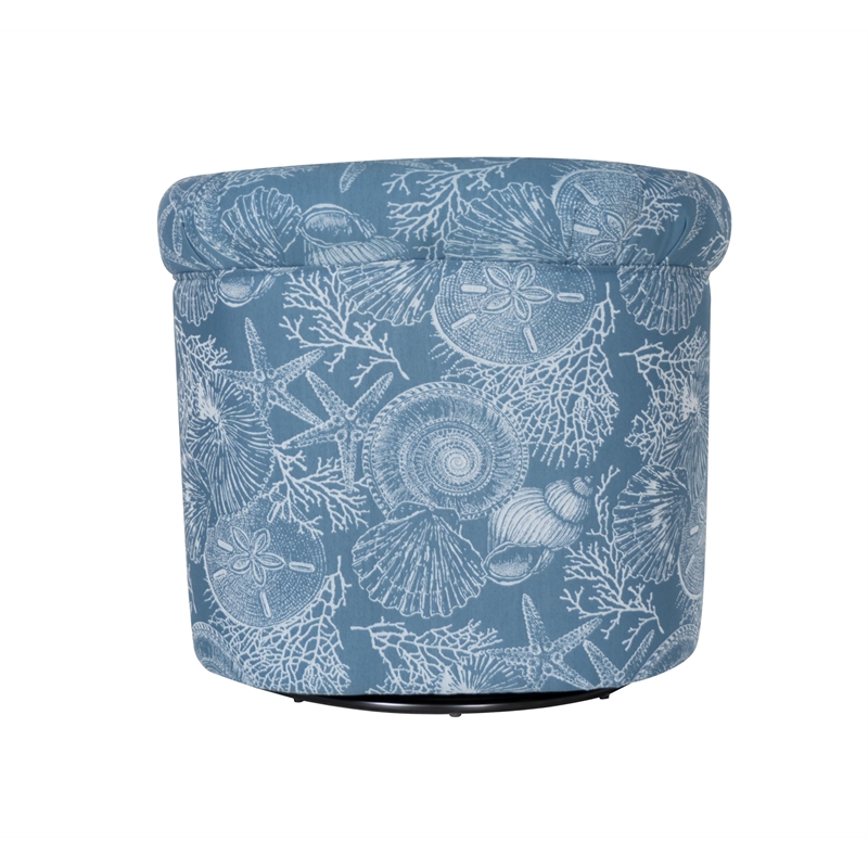 Maklaine Fully Upholstered Coastal Swivel Club Chair in Blue Seashell Pattern