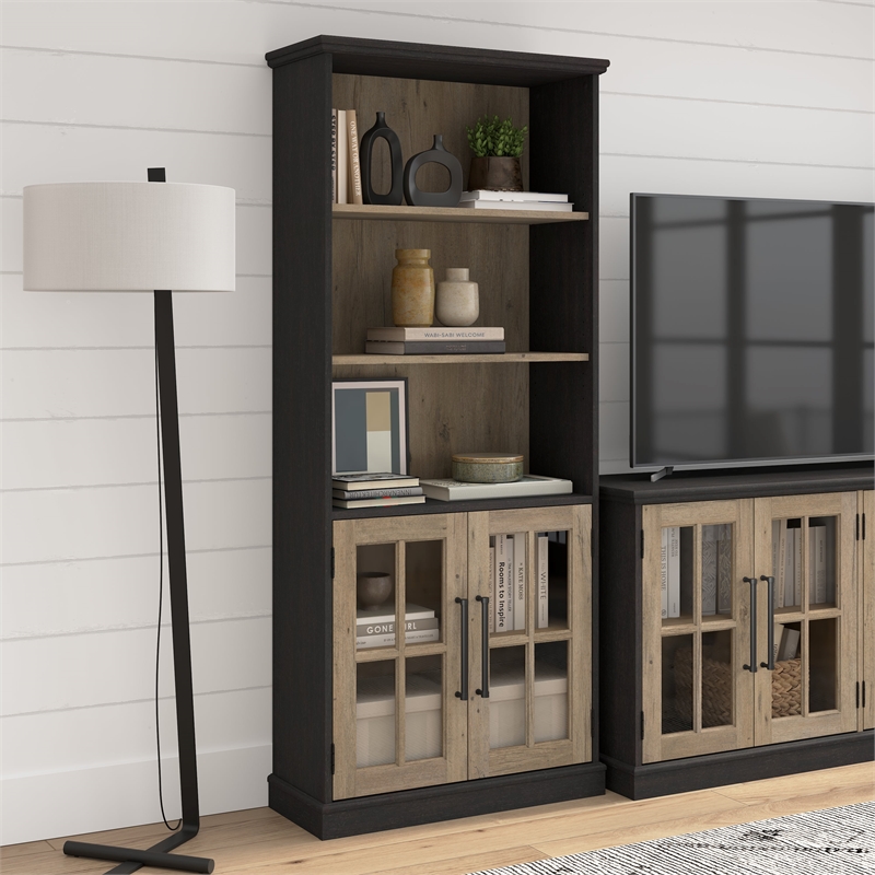 Maklaine Engineered Wood Transitional 5 Shelf Bookcase with Glass Doors