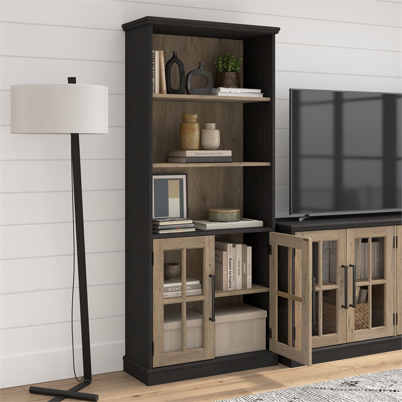 Maklaine Engineered Wood Transitional 5 Shelf Bookcase with Glass Doors