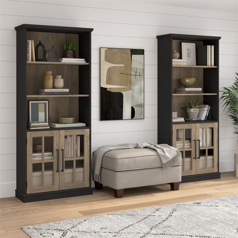 Maklaine Engineered Wood Transitional 5 Shelf Bookcase with Glass Doors