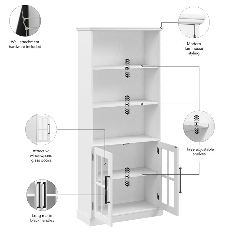 Maklaine Engineered Wood Transitional 5 Shelf Bookcase with Glass Doors