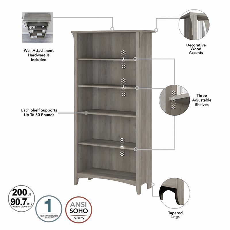 Maklaine Mission Tall Wood 5 Shelf Bookcase in Driftwood Gray