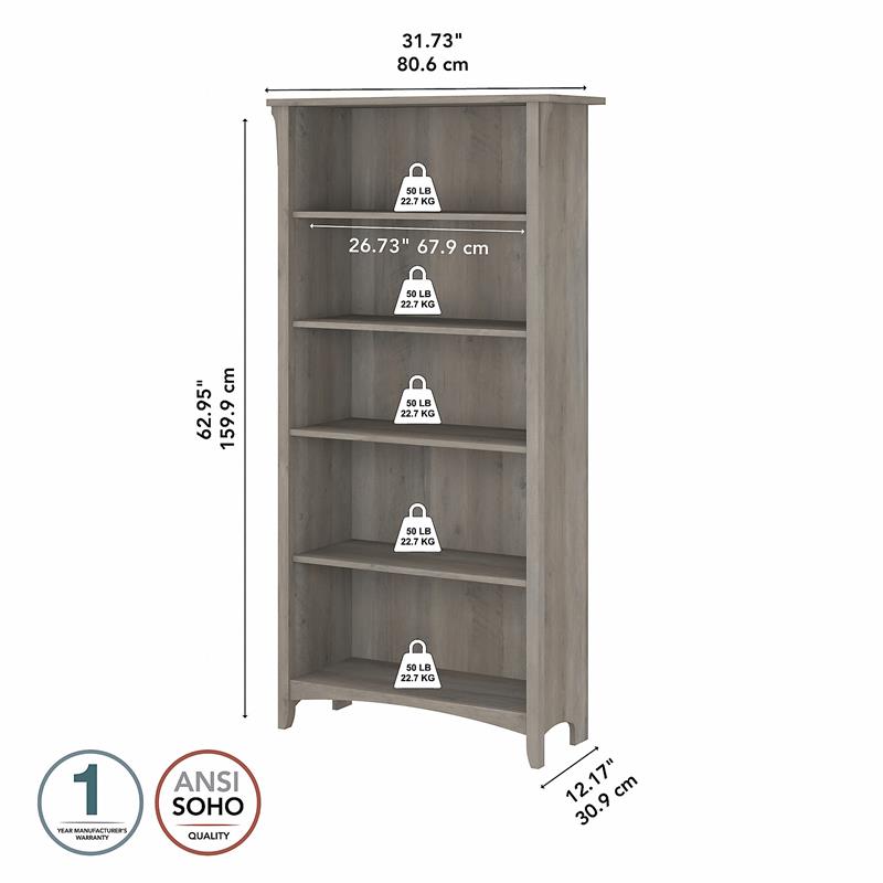 Maklaine Mission Tall Wood 5 Shelf Bookcase in Driftwood Gray