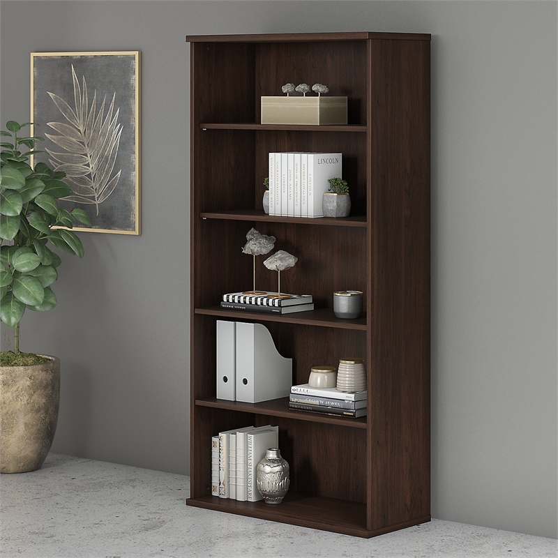 Maklaine Engineered Wood Tall 5 Shelf Bookcase in Black Walnut