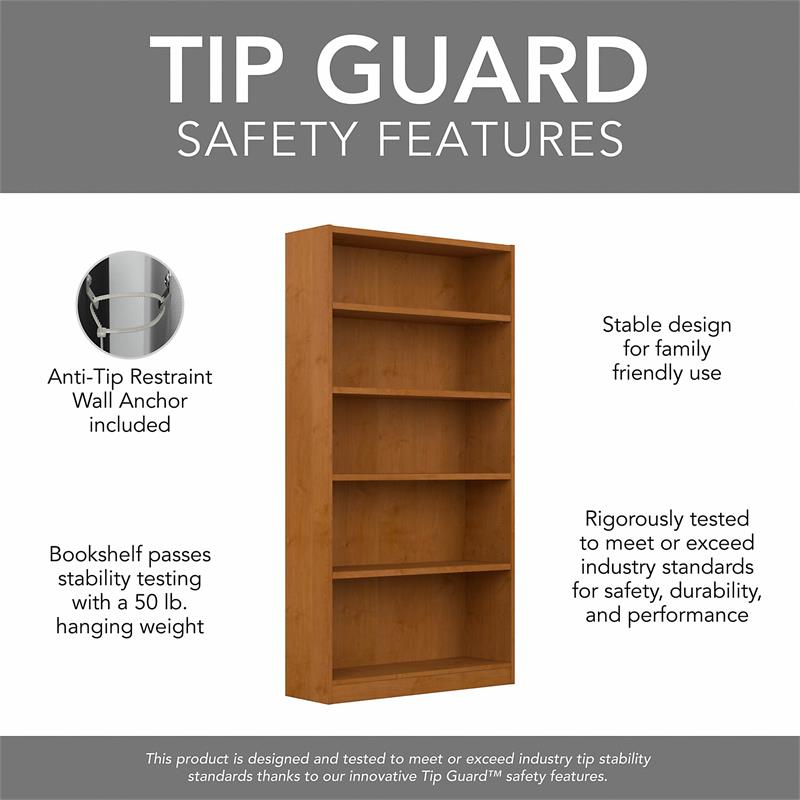 Maklaine Engineered Wood Tall 5 Shelf Bookcase in Natural Cherry