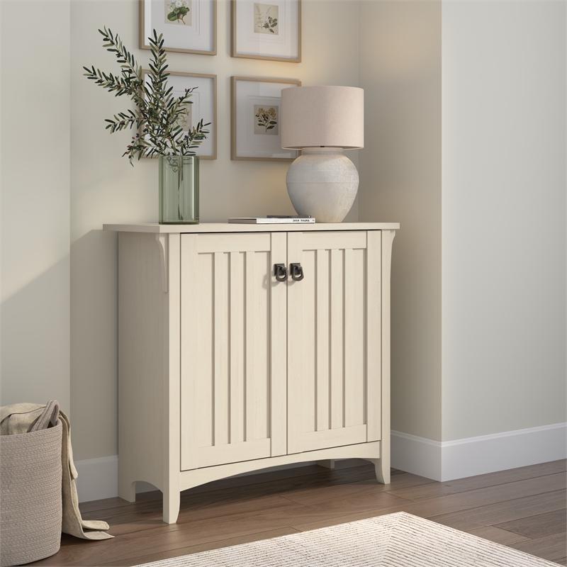 Maklaine Small Storage Cabinet with Doors and Shelves in Antique White