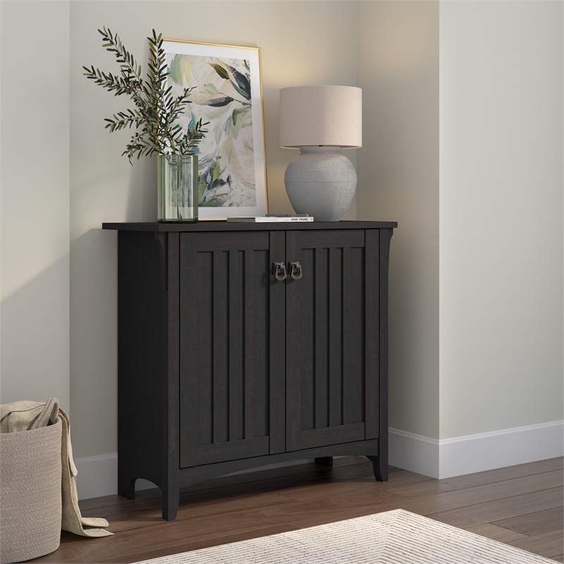Maklaine Small Storage Cabinet with Doors and Shelves in Vintage Black