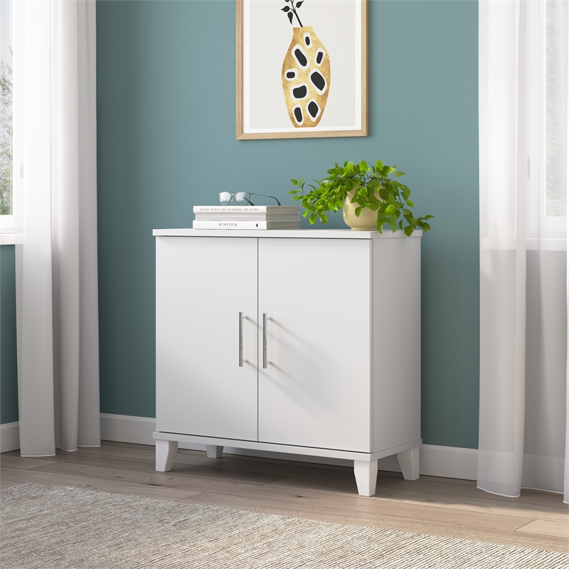 Maklaine Engineered Wood Small Storage Cabinet with Doors and Shelves in White