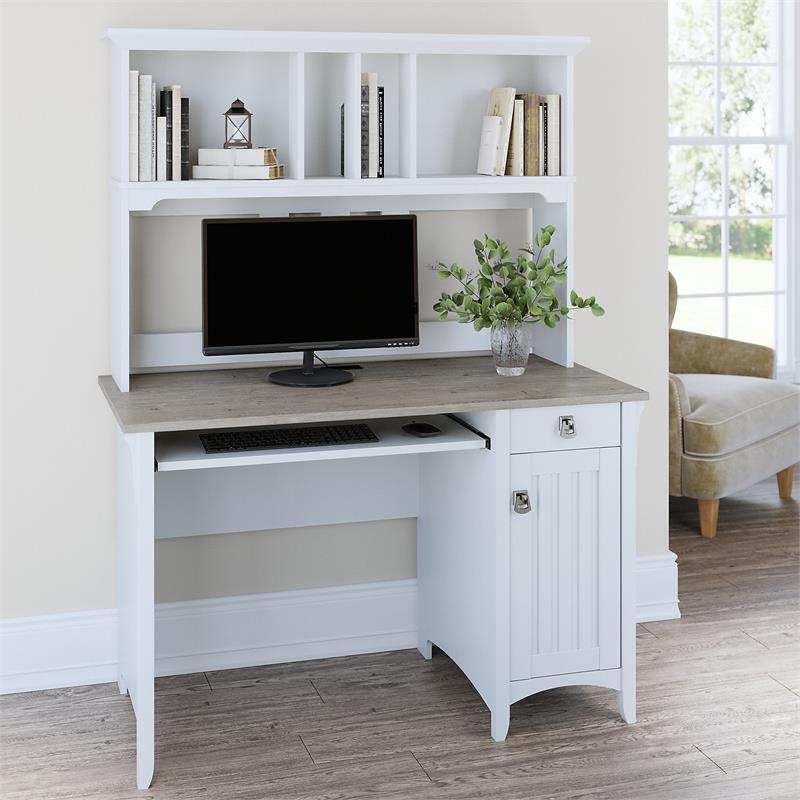 Maklaine Engineered Wood Small Computer Desk with Hutch in White/Shiplap Gray