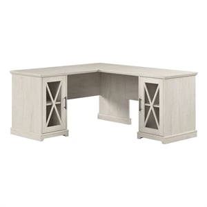 Maklaine Transitional Engineered Wood L-Shaped Desk in Linen White Oak
