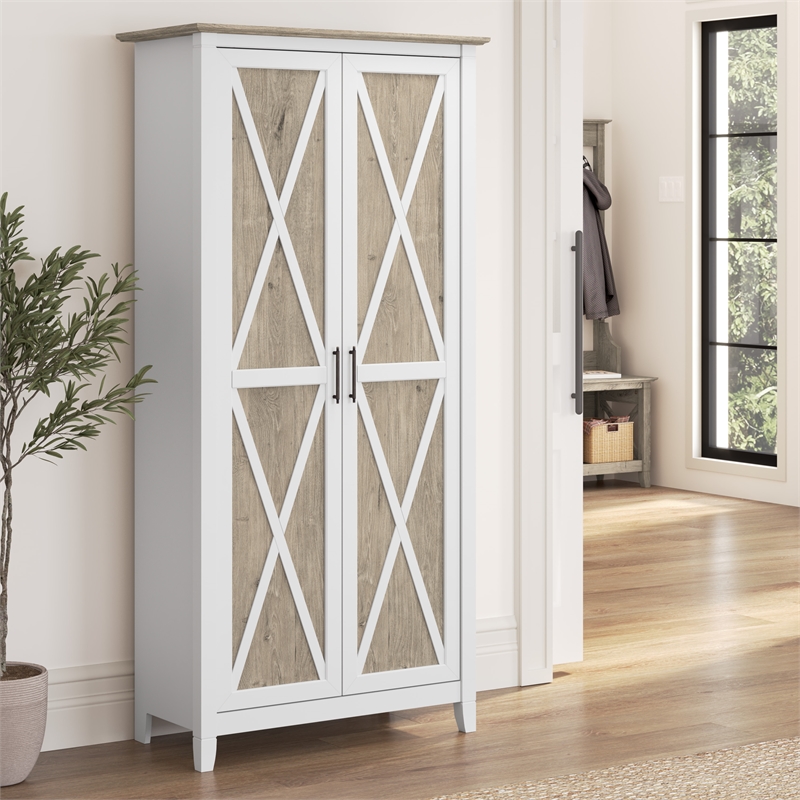 Maklaine Engineered Wood Tall Storage Cabinet with Doors in White/Gray