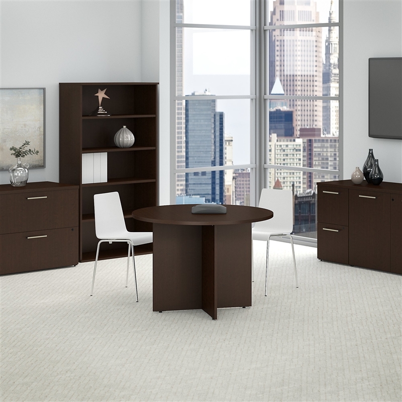 Maklaine Round Conference Table with Wood Base in Mocha Cherry