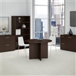 Maklaine Round Conference Table with Wood Base in Mocha Cherry