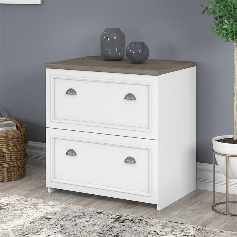 Maklaine Engineered Wood 2 Drawer Lateral File Cabinet in White and Gray