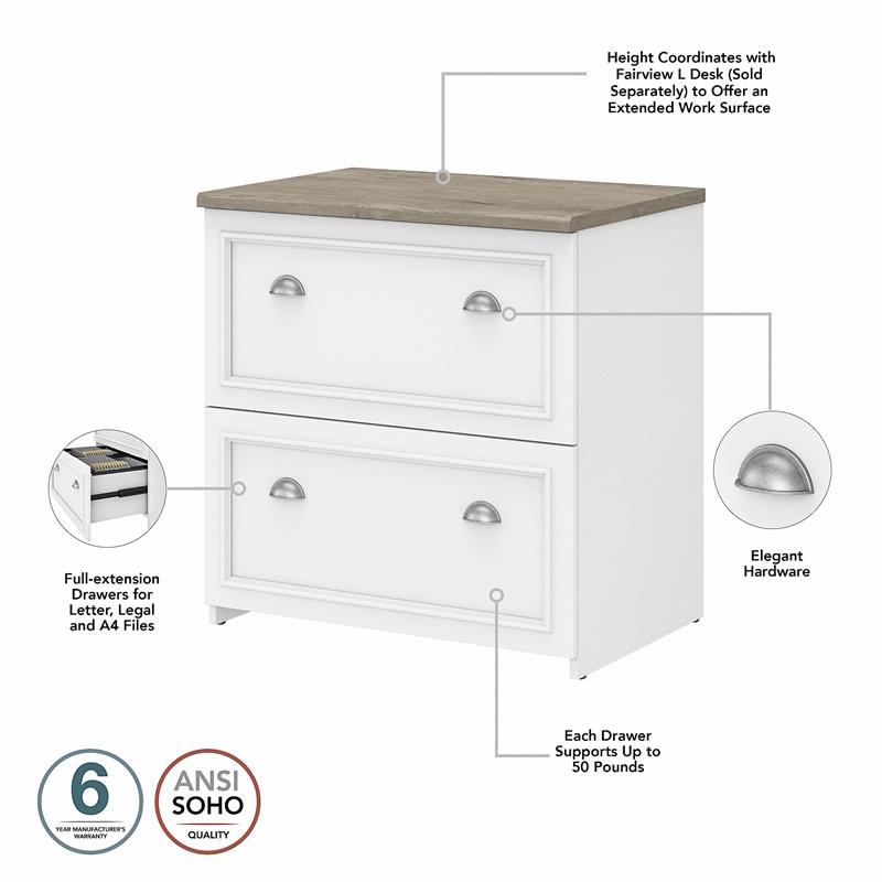 Maklaine Engineered Wood 2 Drawer Lateral File Cabinet in White and Gray