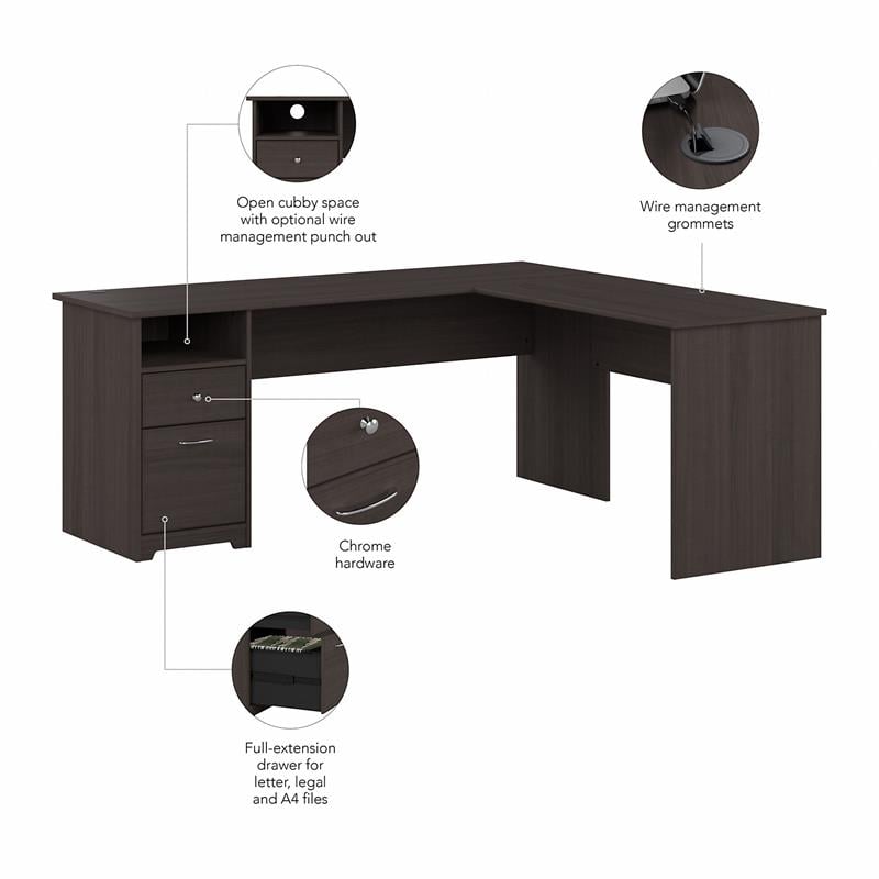 Maklaine Engineered Wood 72W L Shaped Computer Desk with File in Heather Gray