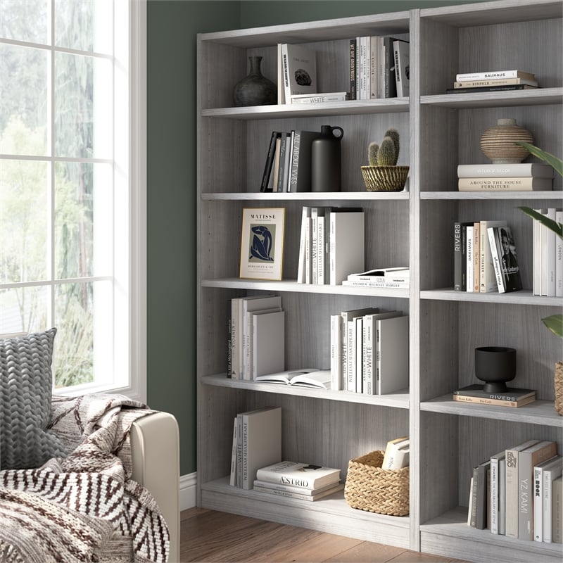 Maklaine Engineered Wood Universal Tall 5 Shelf Bookcase in Platinum Gray