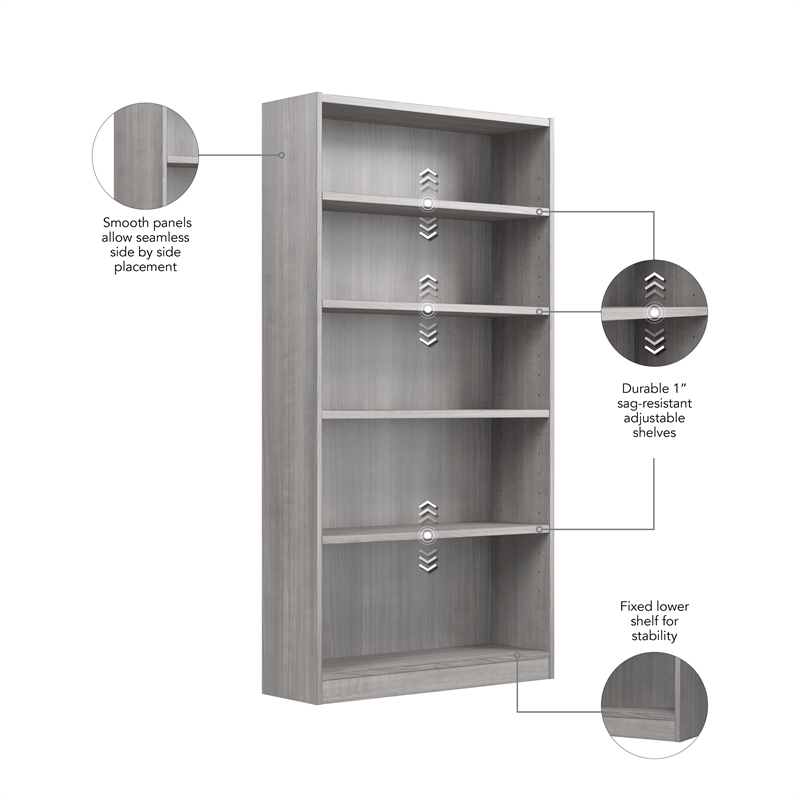Maklaine Engineered Wood Universal Tall 5 Shelf Bookcase in Platinum Gray