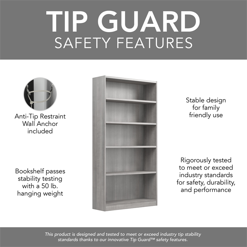 Maklaine Engineered Wood Universal Tall 5 Shelf Bookcase in Platinum Gray
