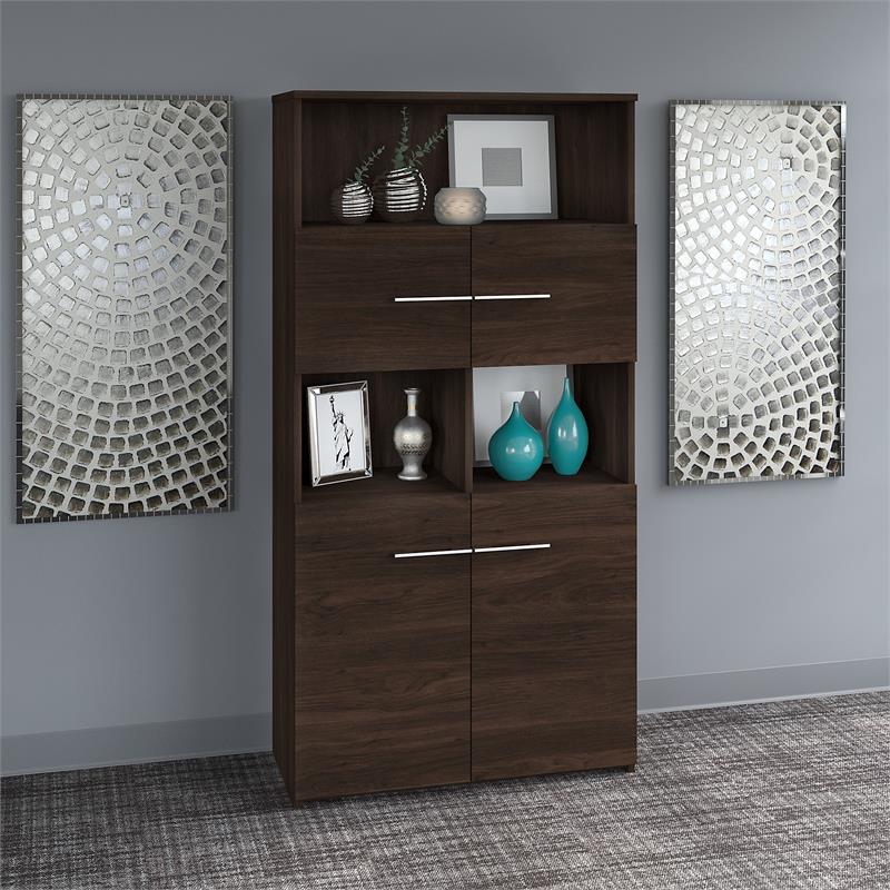 Maklaine Engineered Wood 5-Shelf Bookcase with Doors in Black Walnut
