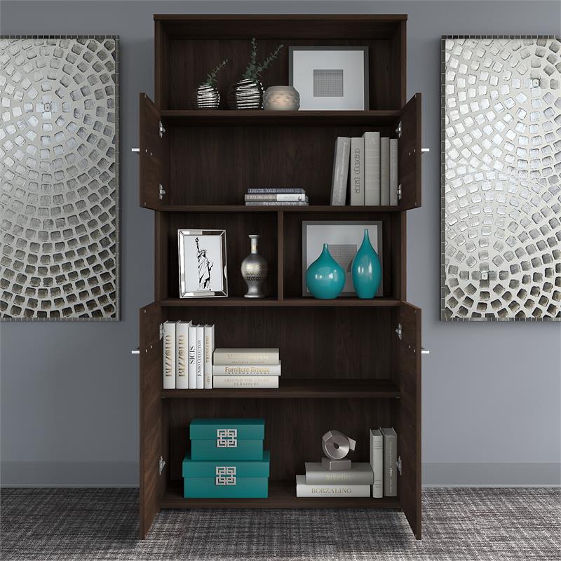 Maklaine Engineered Wood 5-Shelf Bookcase with Doors in Black Walnut