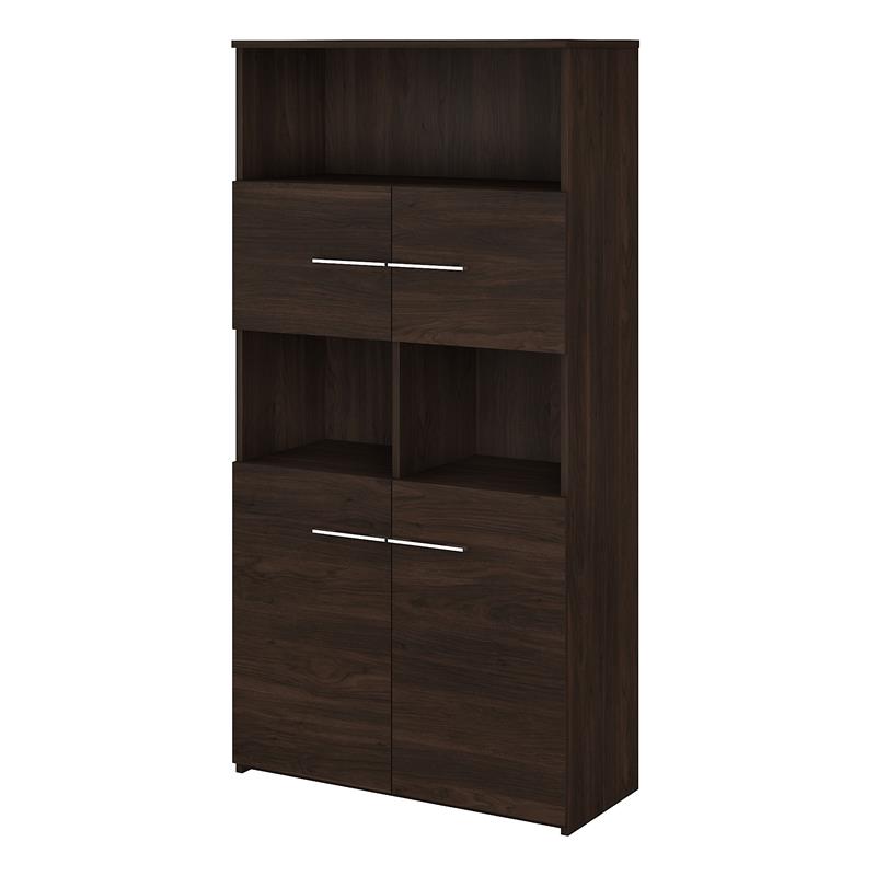 Maklaine Engineered Wood 5-Shelf Bookcase with Doors in Black Walnut
