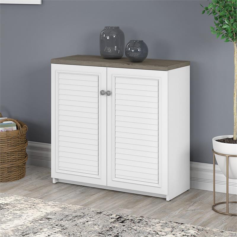Maklaine Farmhouse Small Storage Cabinet with Doors in White & Gray