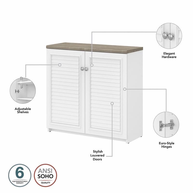 Maklaine Farmhouse Small Storage Cabinet with Doors in White & Gray