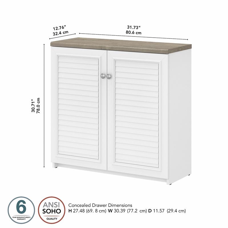 Maklaine Farmhouse Small Storage Cabinet with Doors in White & Gray