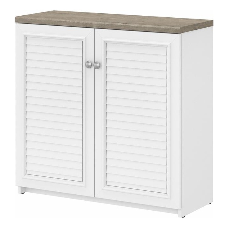 Maklaine Farmhouse Small Storage Cabinet with Doors in White & Gray