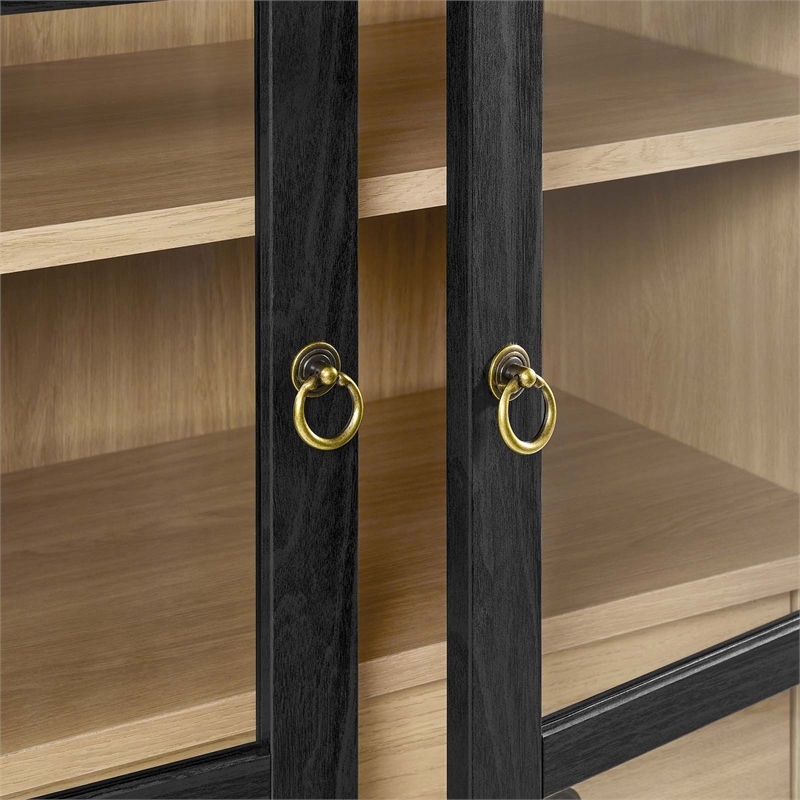 Maklaine Contemporary Wood Tall Storage Display Cabinet in Black and Oak