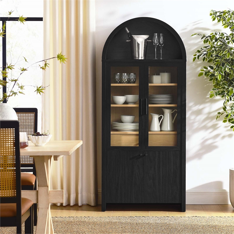 Maklaine Contemporary Arched Tall Display Cabinet in Black Oak