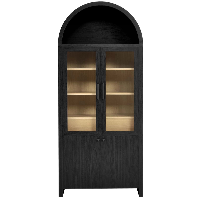 Maklaine Contemporary Arched Tall Display Cabinet in Black Oak