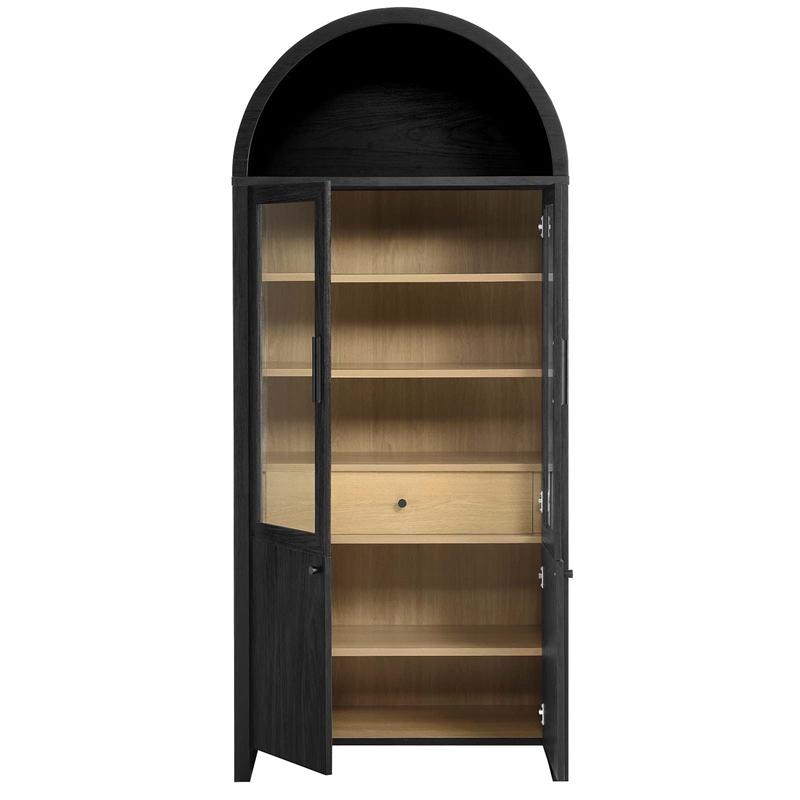 Maklaine Contemporary Arched Tall Display Cabinet in Black Oak