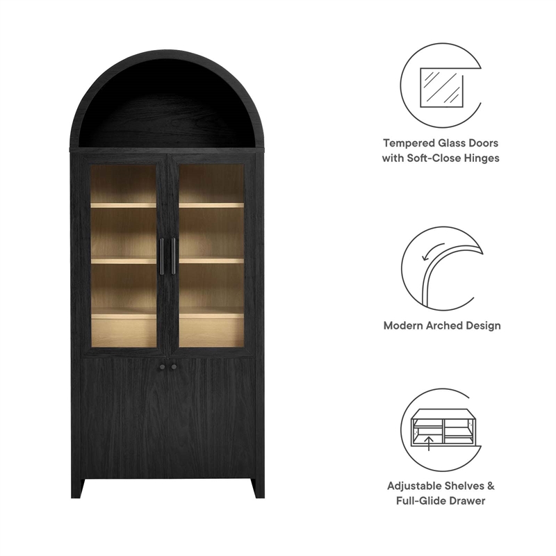Maklaine Contemporary Arched Tall Display Cabinet in Black Oak