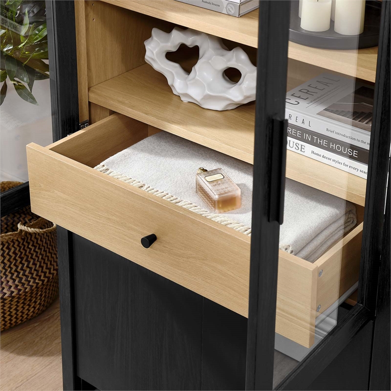 Maklaine Contemporary Arched Tall Display Cabinet in Black Oak