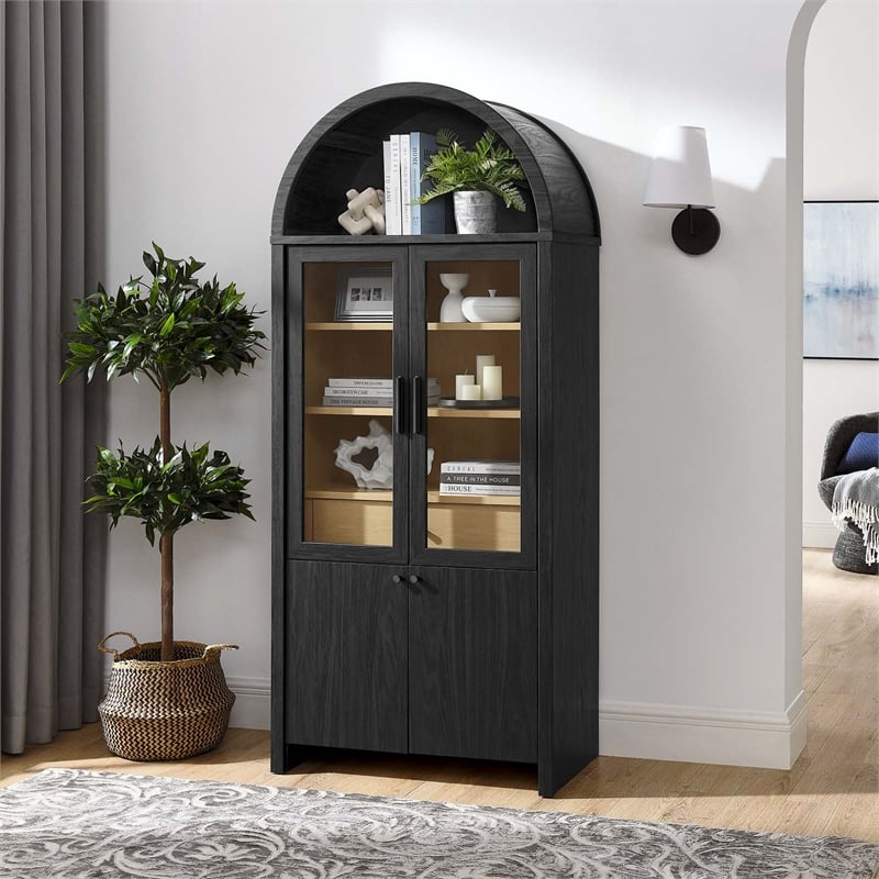 Maklaine Contemporary Arched Tall Display Cabinet in Black Oak