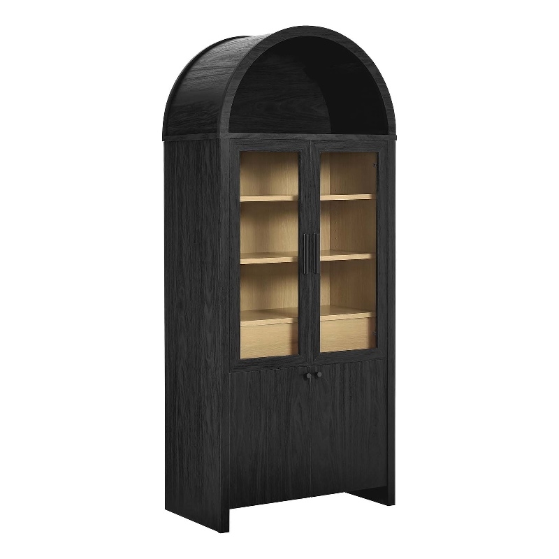 Maklaine Contemporary Arched Tall Display Cabinet in Black Oak