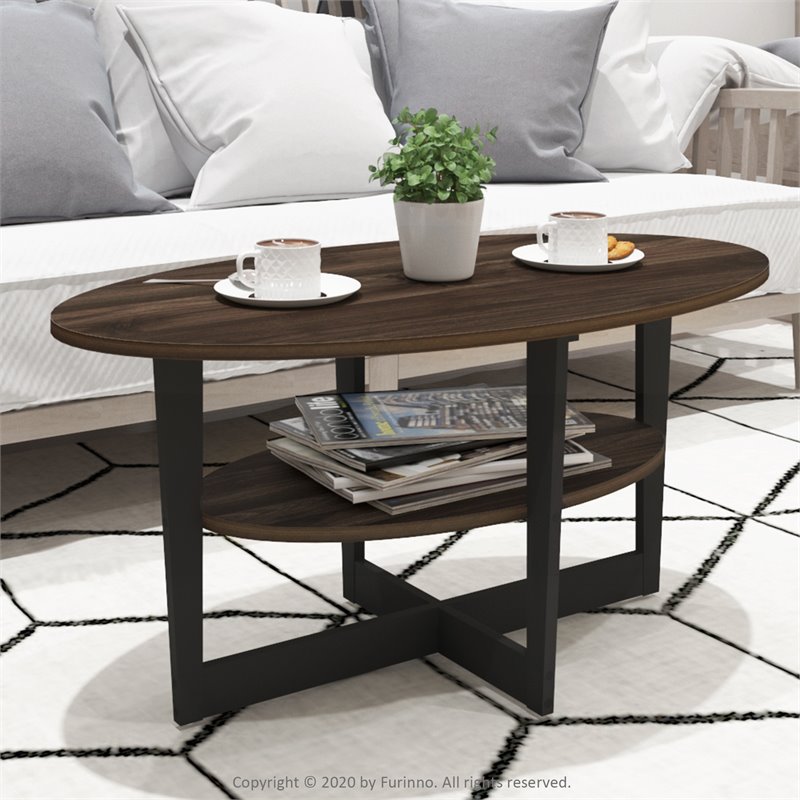 Maklaine Engineered Wood Oval Coffee Table in Columbia Walnut/Black