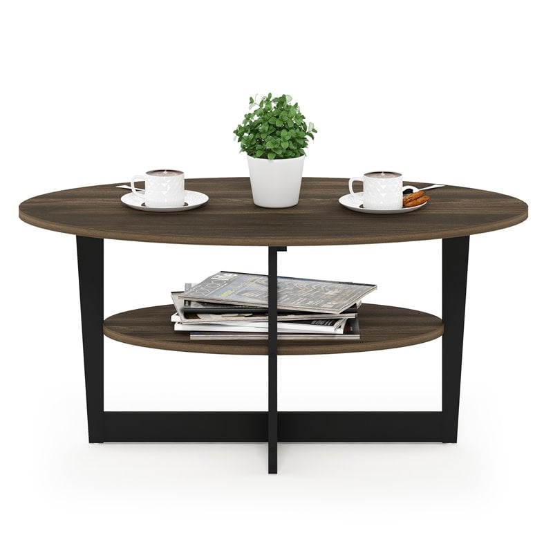 Maklaine Engineered Wood Oval Coffee Table in Columbia Walnut/Black
