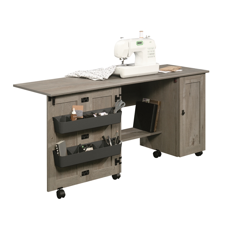 Maklaine Engineered Wood Sewing Craft Cart in Mystic Oak Finish