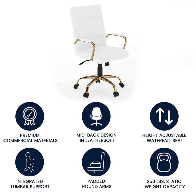 Maklaine Mid Back Leather Office Swivel Chair in White and Gold